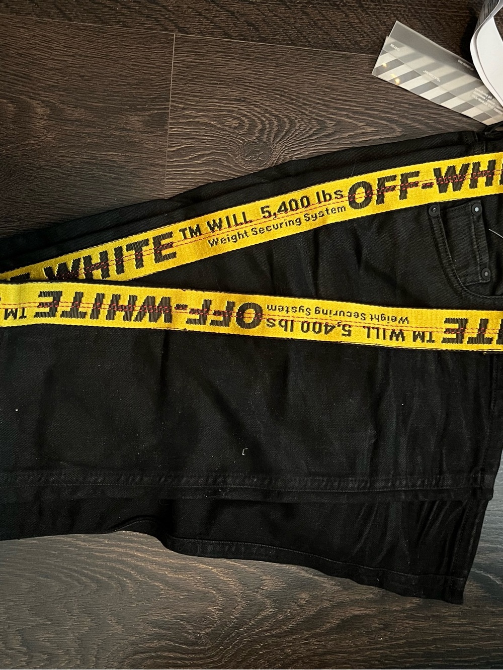 Off-White Black Straight Jeans with Yellow Industrial Belt